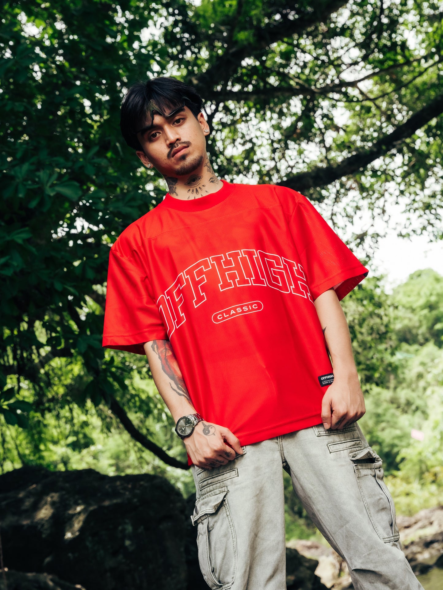 OFFHIGH MESH TEE PIERCE RED