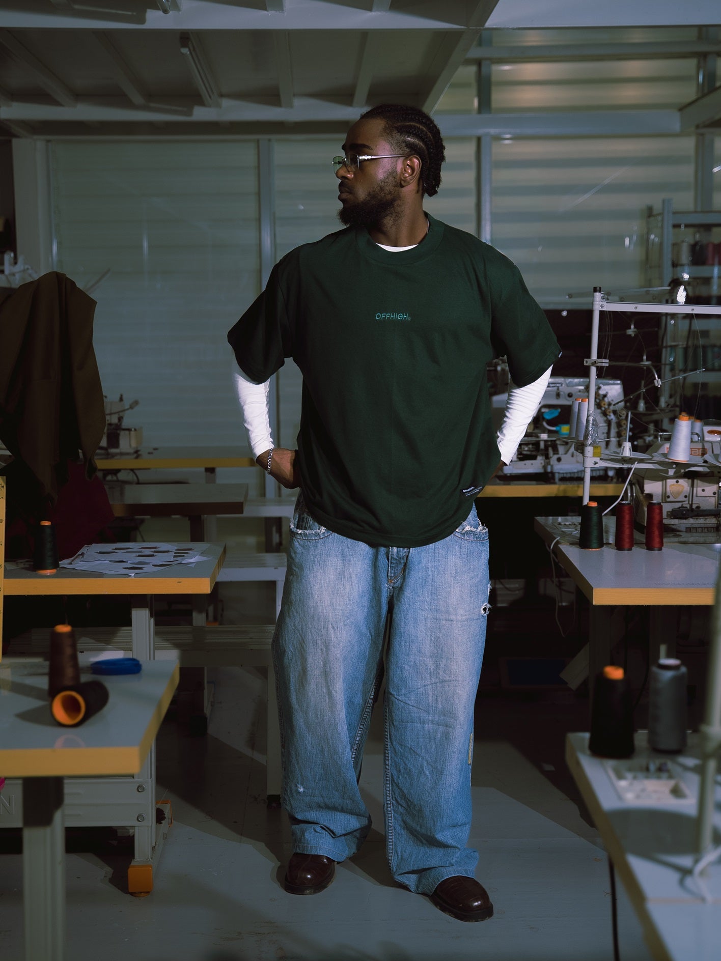 OFFHIGH SHADOW THREAD MOSS GREEN TSHIRT (BOXY FIT)