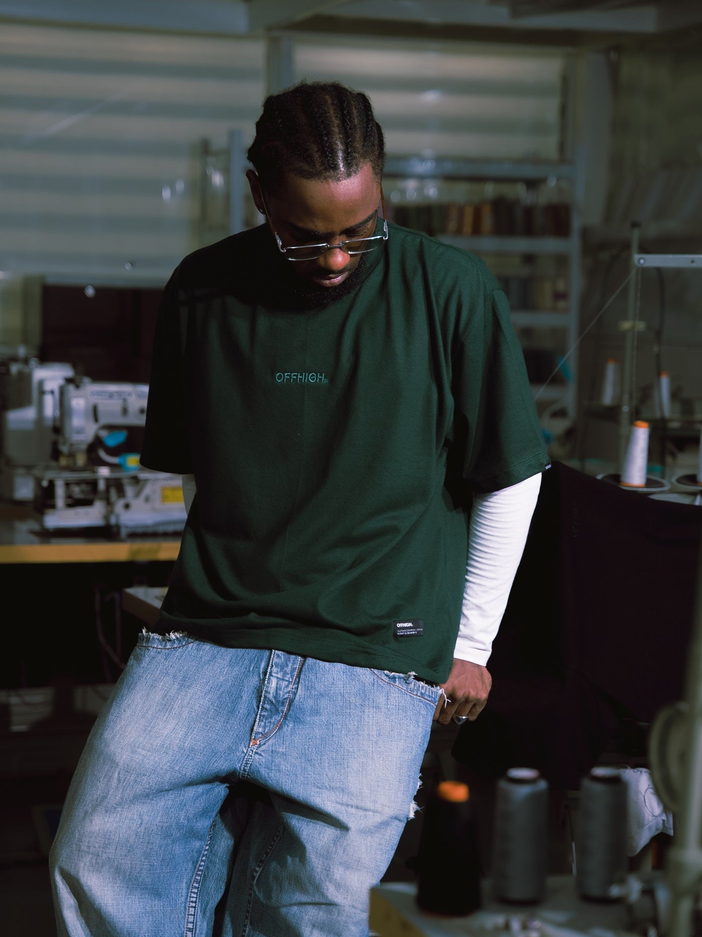 OFFHIGH SHADOW THREAD MOSS GREEN TSHIRT (BOXY FIT)