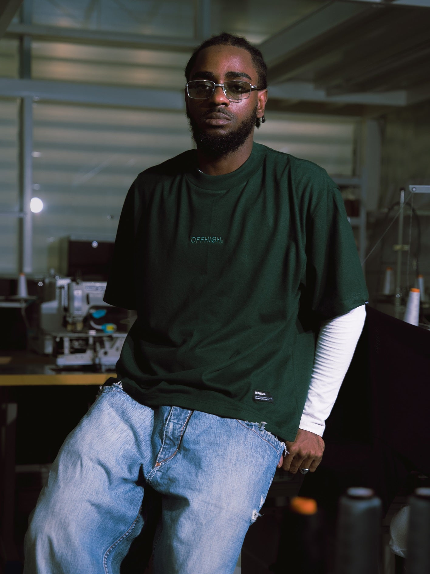 OFFHIGH SHADOW THREAD MOSS GREEN TSHIRT (BOXY FIT)