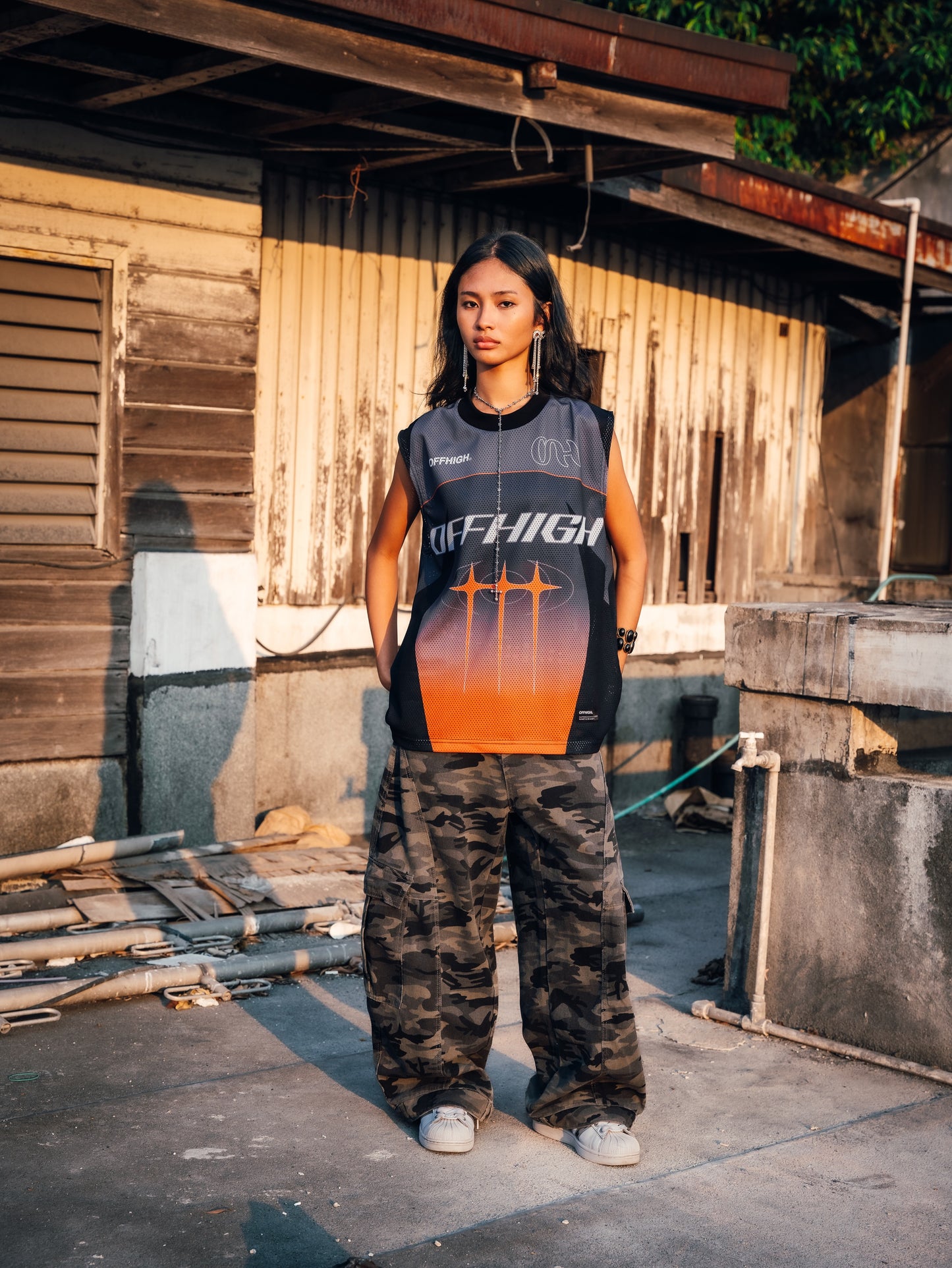 OFFHIGH EVENFALL GRAY ORANGE MUSCLE TEE JERSEY