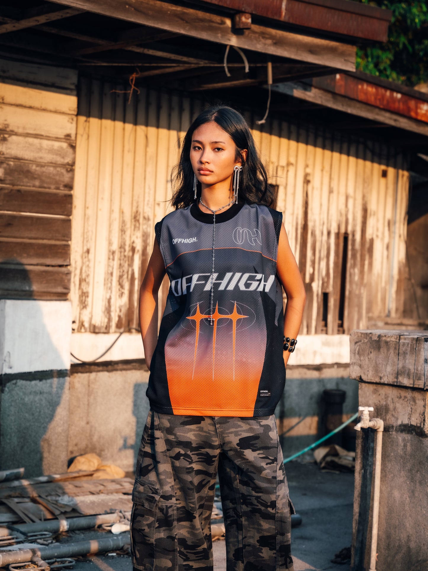 OFFHIGH EVENFALL GRAY ORANGE MUSCLE TEE JERSEY