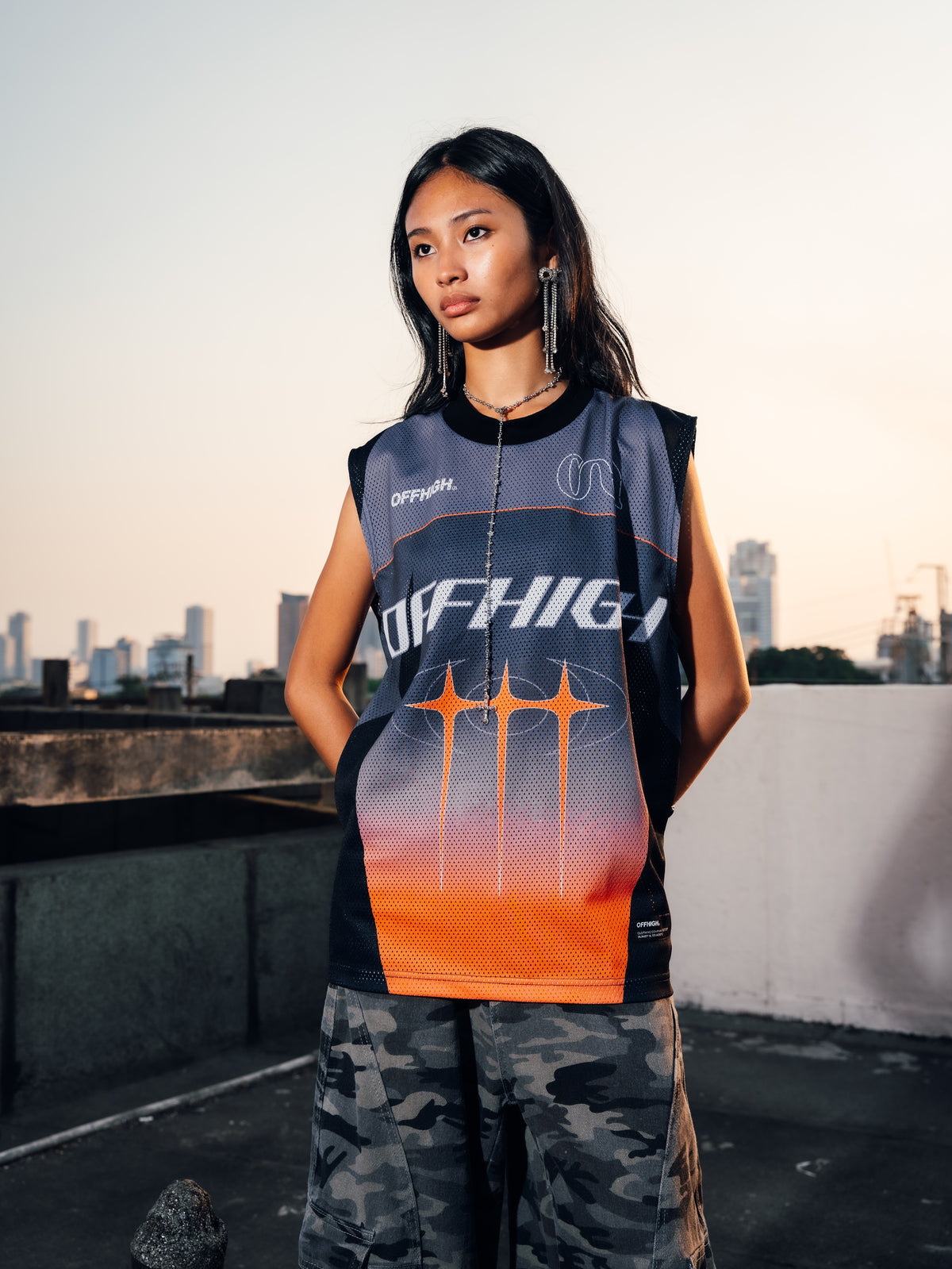 OFFHIGH EVENFALL GRAY ORANGE MUSCLE TEE JERSEY