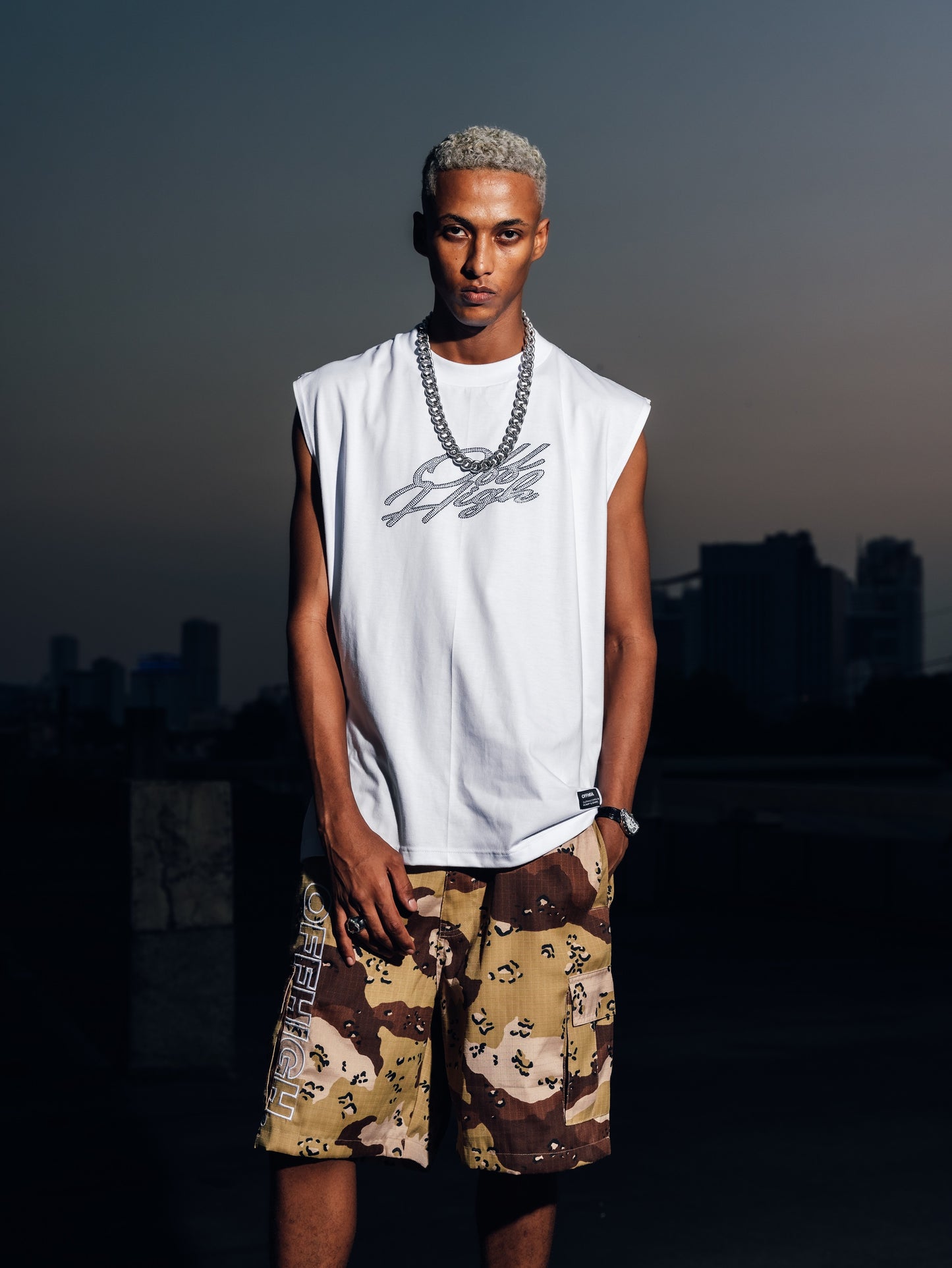 OFFHIGH BLAZE RHINESTONE WHITE MUSCLE TEE