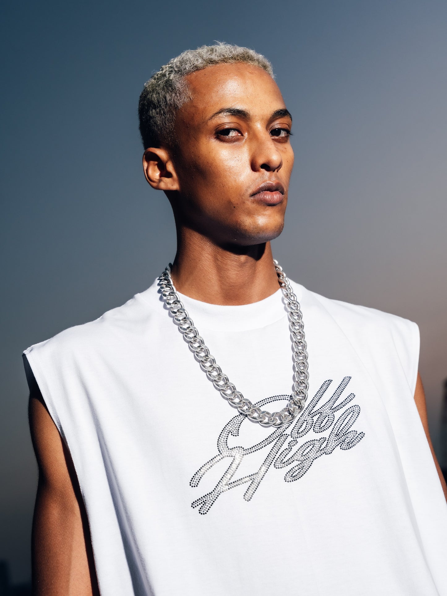 OFFHIGH BLAZE RHINESTONE WHITE MUSCLE TEE