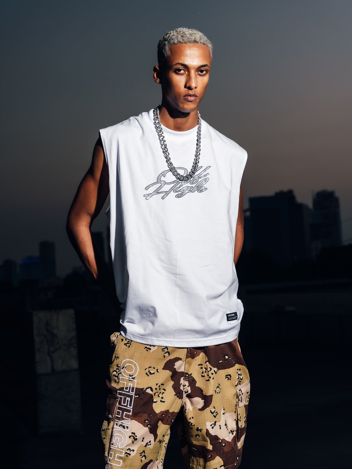 OFFHIGH BLAZE RHINESTONE WHITE MUSCLE TEE